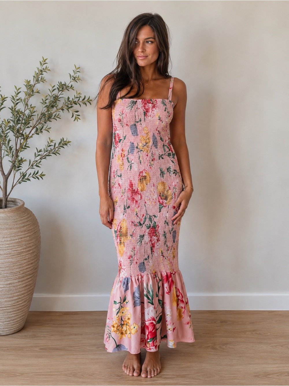 Pink Floral Smocked Maxi Dress with Ruffle Hem